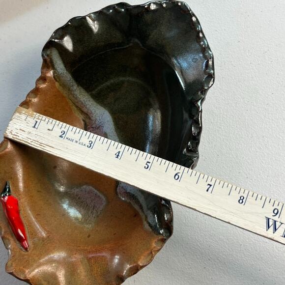 Medium 10" Abstract Art Studio Pottery Bowl Crimped Wavy Rim Brown Earth Tones - Picture 5 of 9